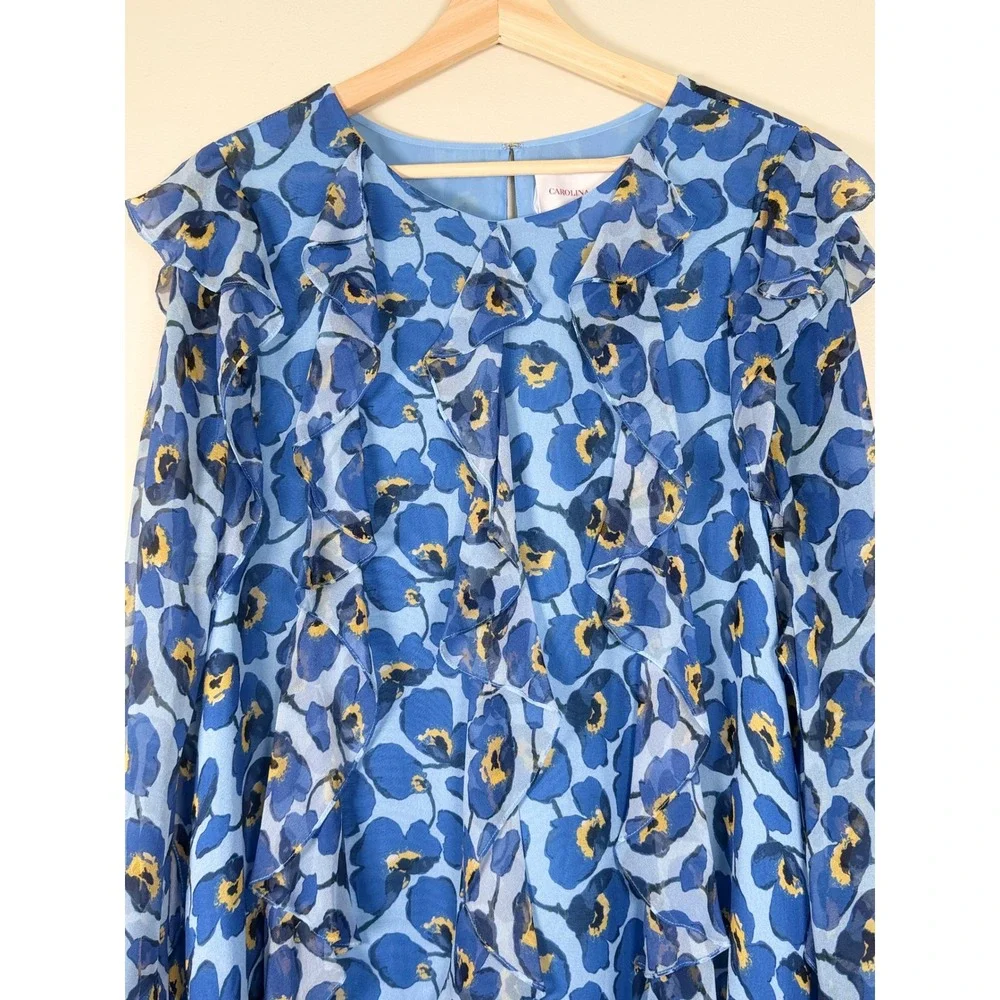 Carolina Herrera Floral Silk Chiffon Ruffle A-Line Mini Dress Blue Print Size 10 - Picture 4 of 15